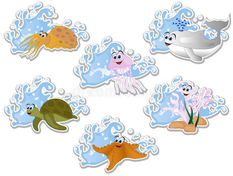 Blue water wave and cartoon sea animals