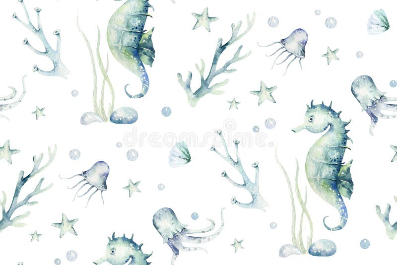 Sea animals blue watercolor ocean seamless pettern fish, turtle, whale and coral. Shell aquarium background. Nautical