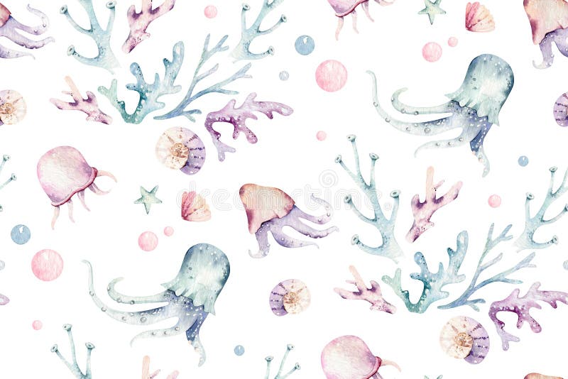 Sea animals blue watercolor ocean seamless pettern fish, turtle, whale and coral. Shell aquarium background. Nautical