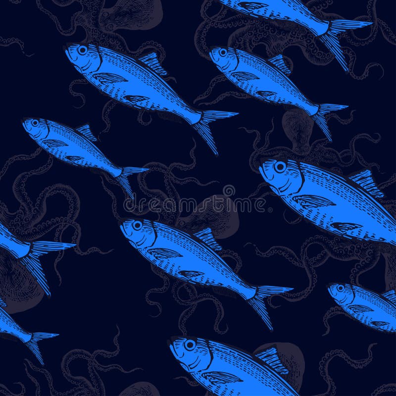 Sea animals seamless vector pattern. Fish, octopus