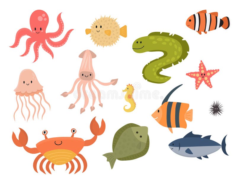 Sea animals vector creatures characters cartoon ocean wildlife marine underwater aquarium life water graphic aquatic