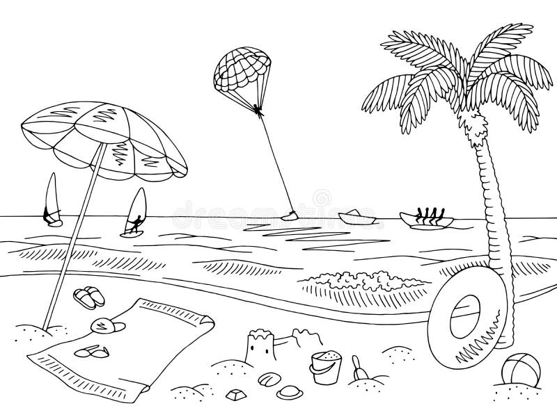 Sea coast beach graphic black white landscape sketch illustration vector ve...