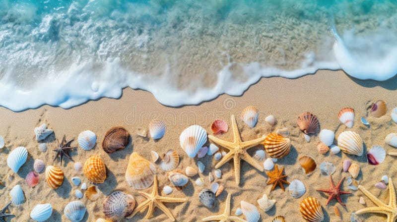 Sea coast with sand, ocean wave, shells and star fish, top view