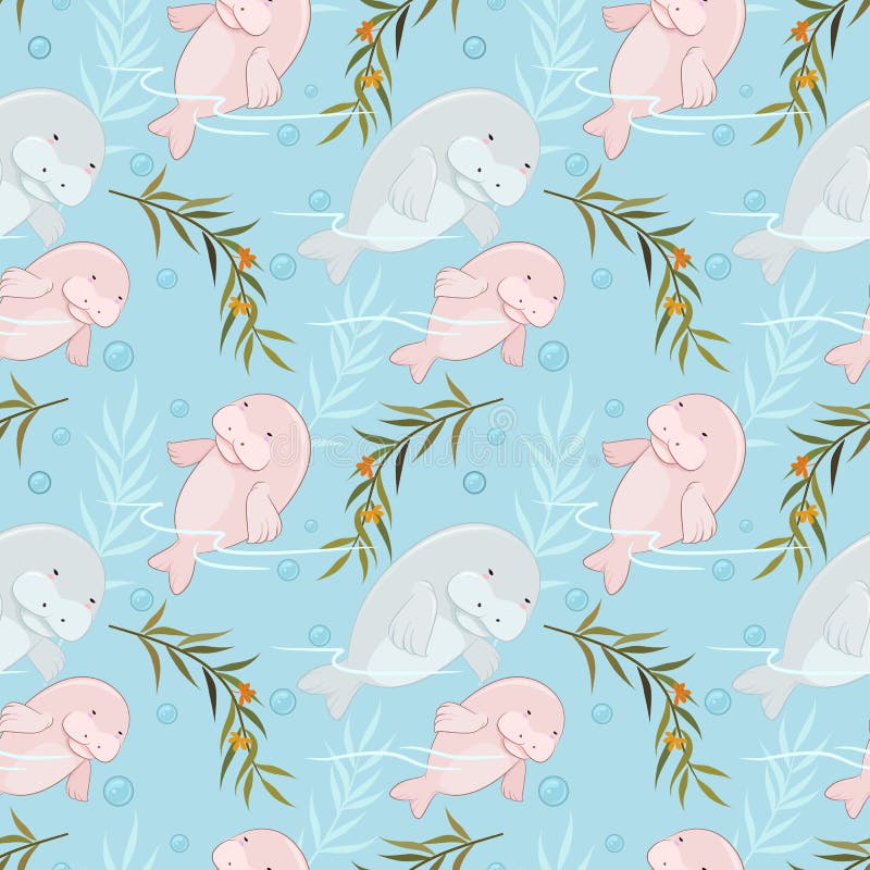 Sea cow or Dugongs mother and baby in blue water vector design.