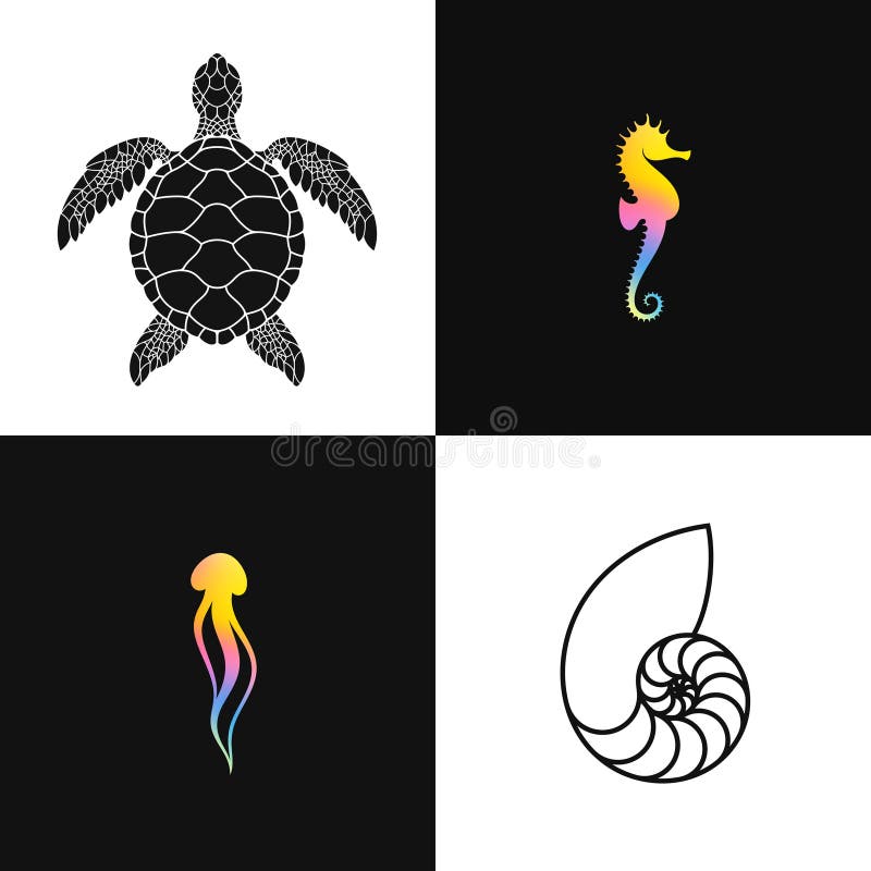 Sea creature icon set. Abstract seahorse jellyfish nautilus shell and turtle vector illustration