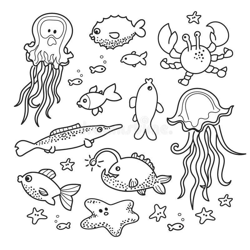 sea creatures doodle collection life doodles free hand outline drawing good coloring books 57920839