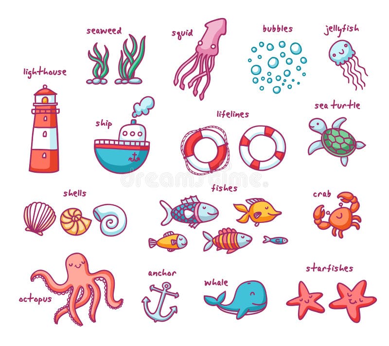 Sea doodles set vector illustration Sea doodles set vector illustration