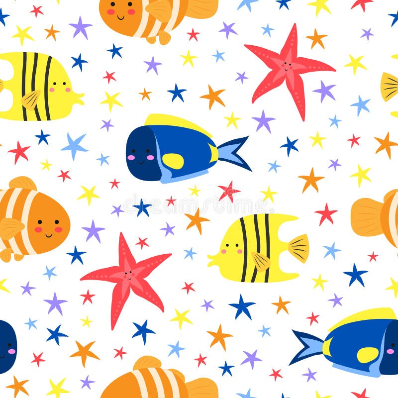 Sea fish and starfish. Cute cartoon sea animals. Seamless pattern for printing on fabric, paper.