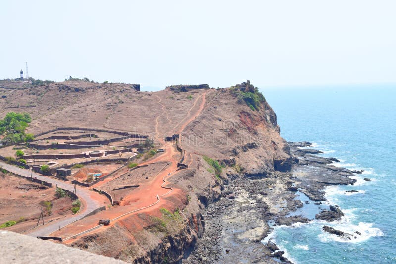 Sea Fort - View of Arabian Sea and Lighthouse from Ratnadurg Fort, Ratnagiri, Maharashtra, India...