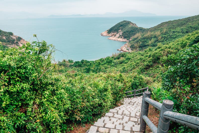 Tung Wan Tsai Coral Beach and hiking trail road in Cheung Chau island, Hong Kong. Nature scenery