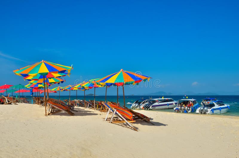Sea,Island,umbrella,Thailand, Khai Island Phuket, Sun beds and sun umbrellas on a tropical beach royalty free stock photos Sea,Island,umbrella,Thailand, Khai Island Phuket, Sun beds and sun umbrellas on a tropical beach royalty free stock photos