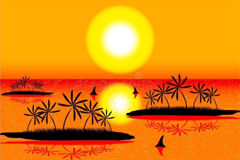 Sea with islands on tropical sunset stock illustration