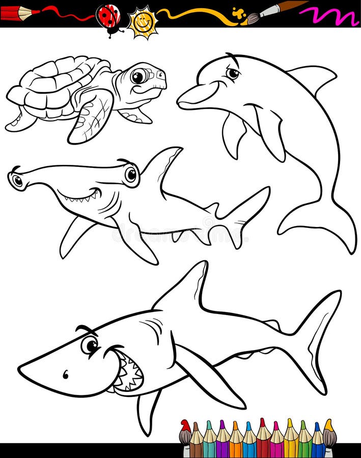 Sea life animals cartoon coloring book