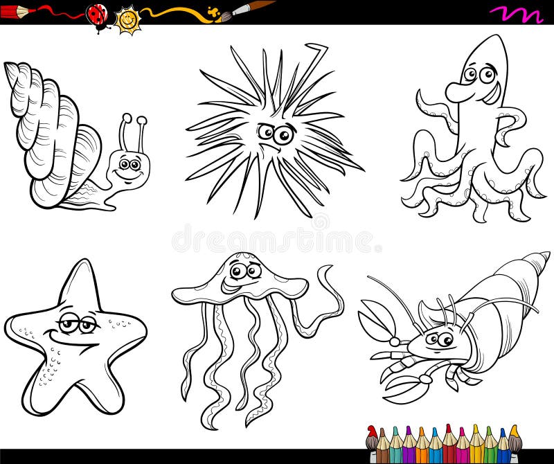 Sea life animals cartoon coloring page