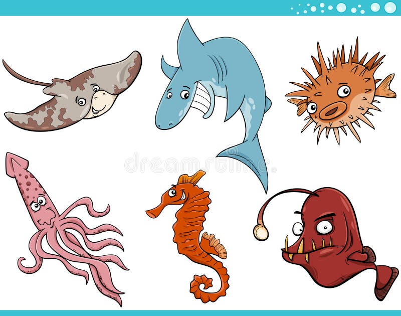 Sea life animals cartoon set