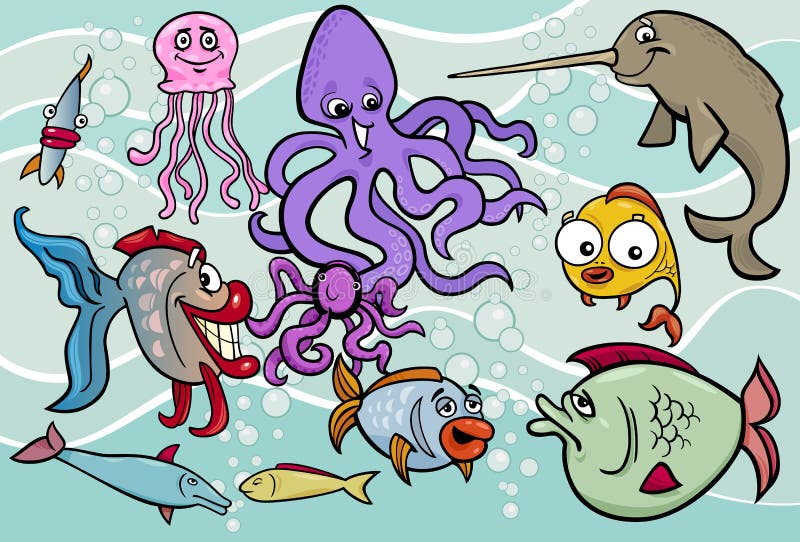 Sea life animals group cartoon illustration