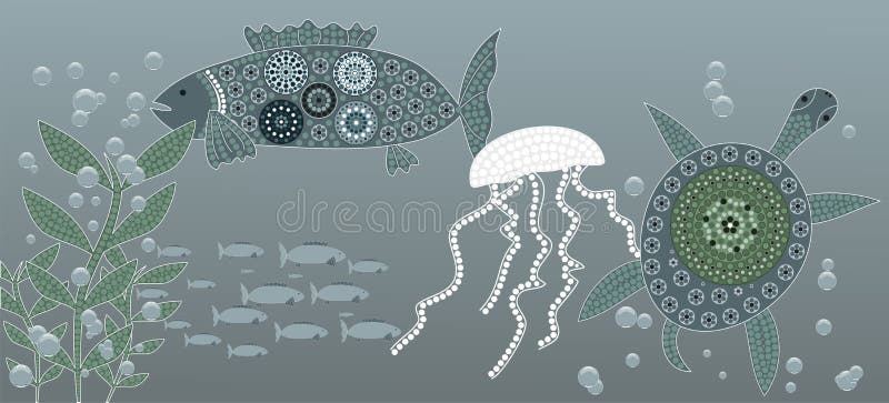 An illustration based on aboriginal style of dot painting depicting sea life. Australian aboriginal border vectors