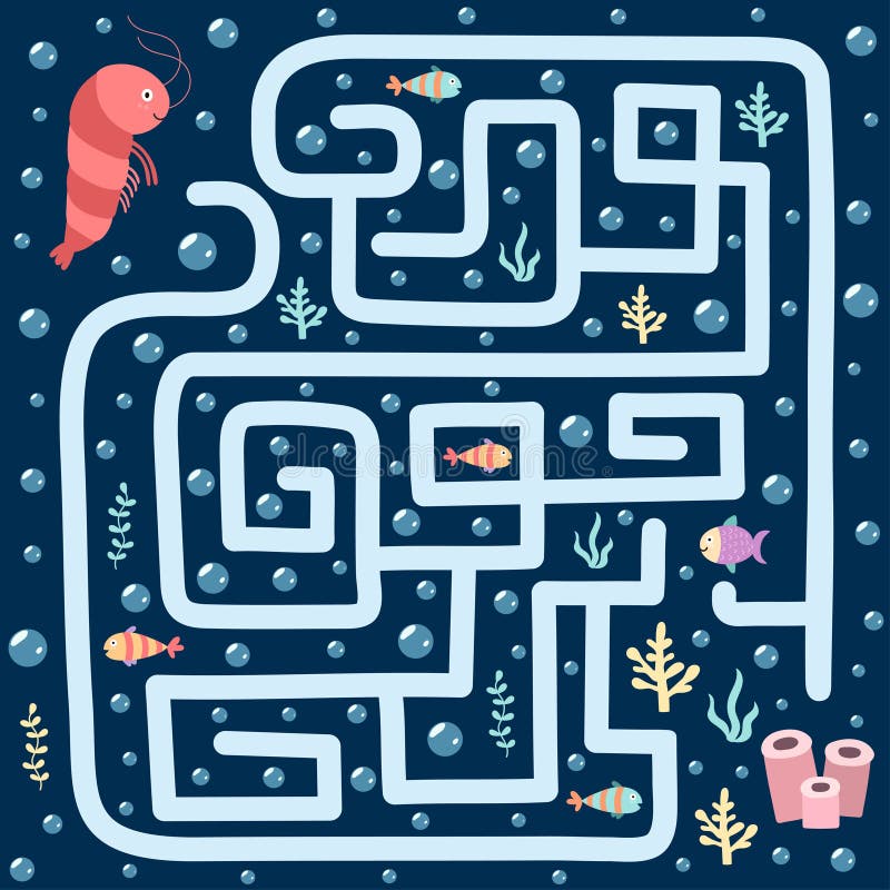 Sea maze game for kids. Help the shrimp find the way to her home