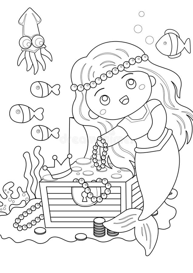 Sea Mermaid Coloring Pages A4 for Kids and Adult Stock Illustration