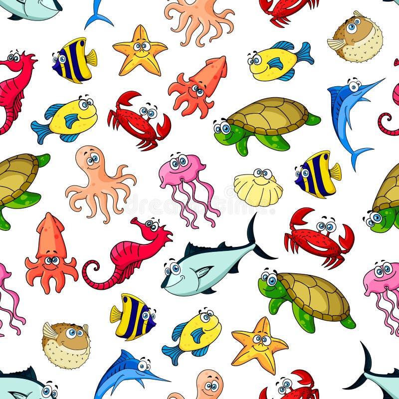 Sea, ocean animals, fish seamless cartoon pattern