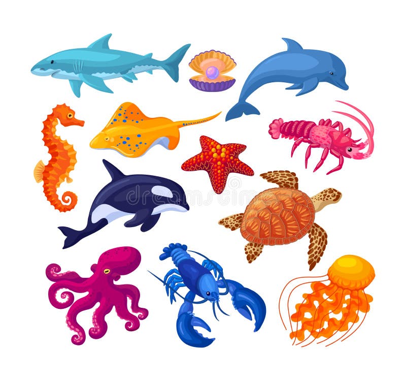 Sea and ocean underwater animals. Seahorse, sea turtle, stingray, shark, killer whale, lobster, octopus, starfish, jellyfish
