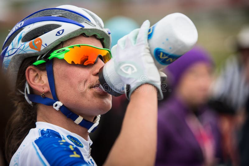 Katerina Nash takes a drink after racing Short Track Cross Country racing at the 2014 Sea Otter Classic Bike Festival. Katerina Nash takes a drink after racing Short Track Cross Country racing at the 2014 Sea Otter Classic Bike Festival.