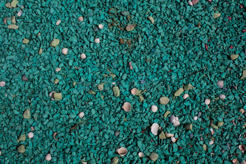 Sea pebbles of green color with shells of different color and size.