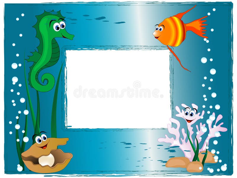 Sea photo frame with cartoon animals and bubbles