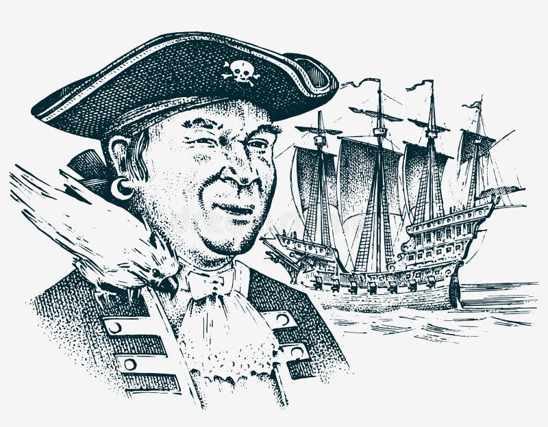 Sea Pirate. Portrait of the seaman hook against the background of sailboat. Marine sailor. Travel by ship or boat