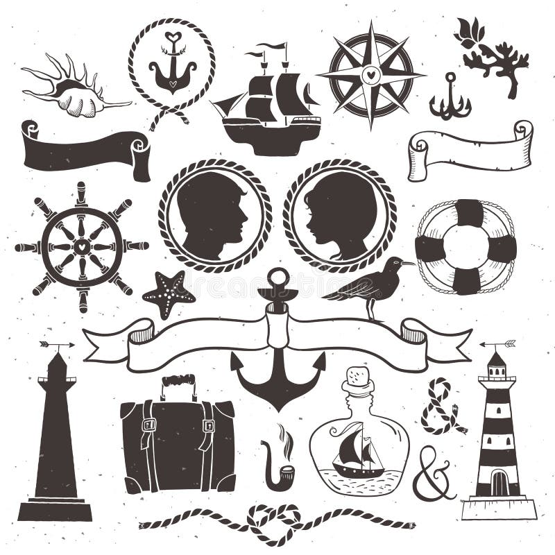 Sea Romantic Travel. Vintage Hand Drawn Elements in Nautical Stock ...