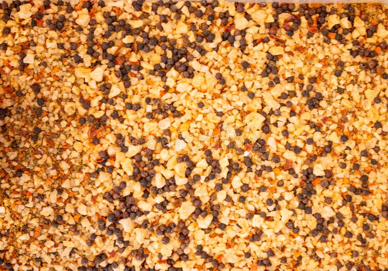 Sea salt close-up, spice or seasoning as background. Black Pepper, Sea salt, Pepper flakes, Curry Powder stock images Sea salt close-up, spice or seasoning as background. Black Pepper, Sea salt, Pepper flakes, Curry Powder stock images