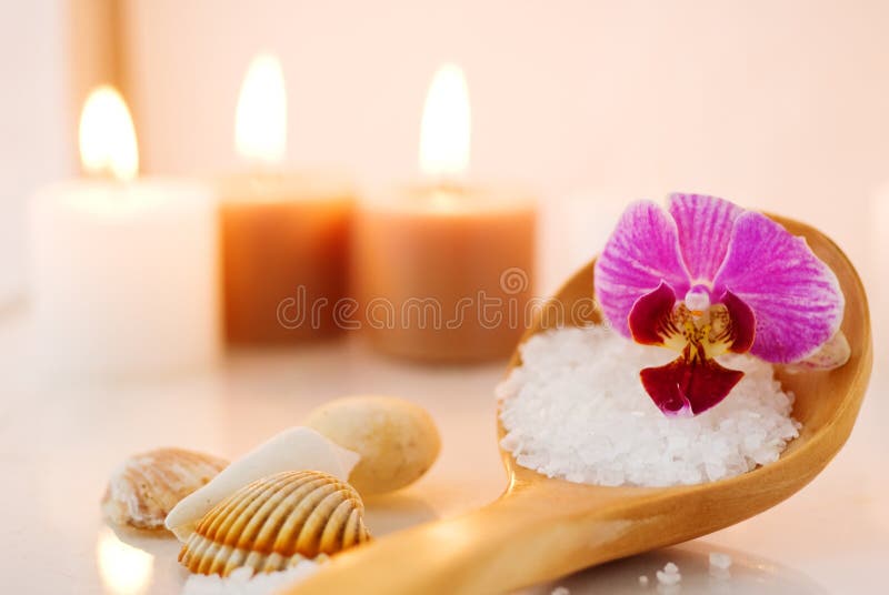 Sea salt with orchid stock photo. Image of bath, reflection 10950022