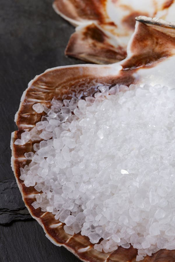 Sea salt in scallop shell on black rock background royalty free stock photos