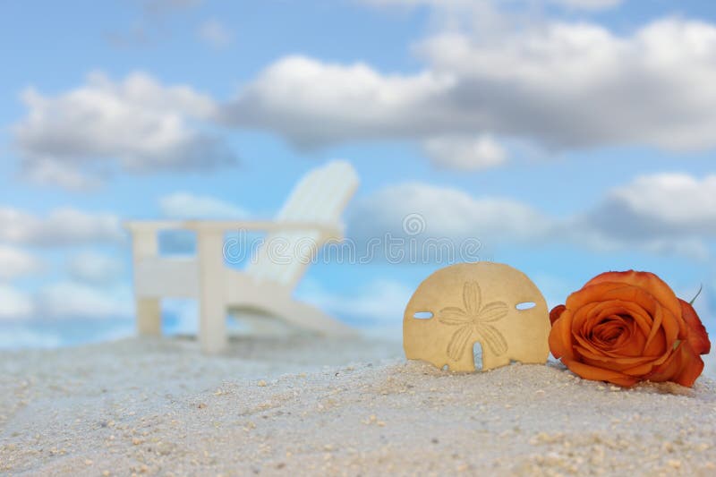 Sea Shell and Flower on Beach with Lounge Chair in Background Stock