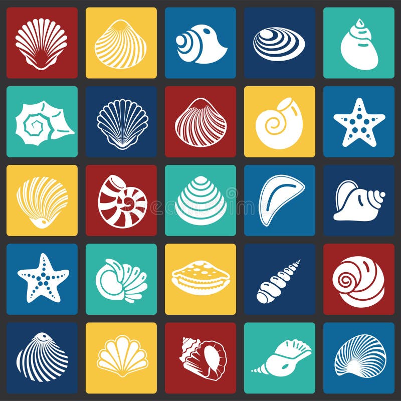 Sea Shell icons set on color squares background for graphic and web design. Simple vector sign. Internet concept symbol stock illustration Sea Shell icons set on color squares background for graphic and web design. Simple vector sign. Internet concept symbol stock illustration