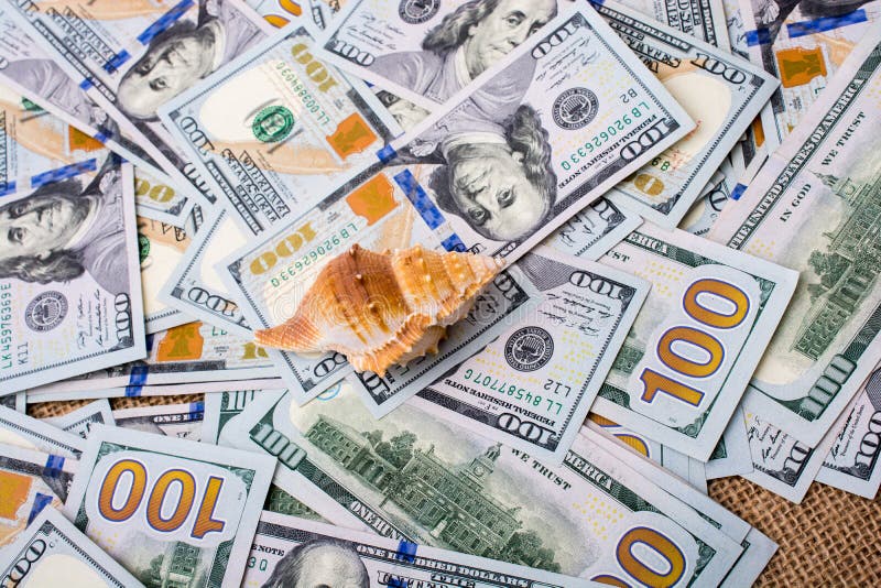 Sea Shell on Spread US Dollar Banknotes Stock Image Image of savings