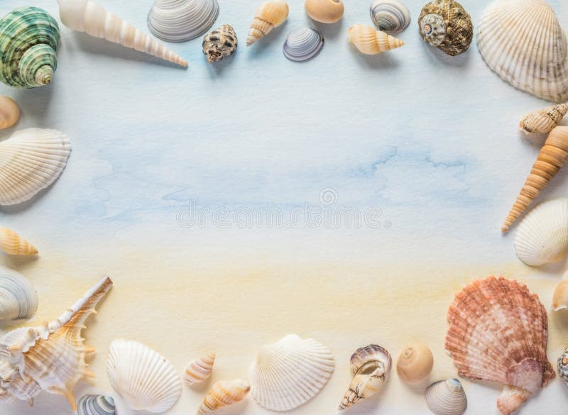 Sea shells frame on a pastel watercolor sea background stock photos