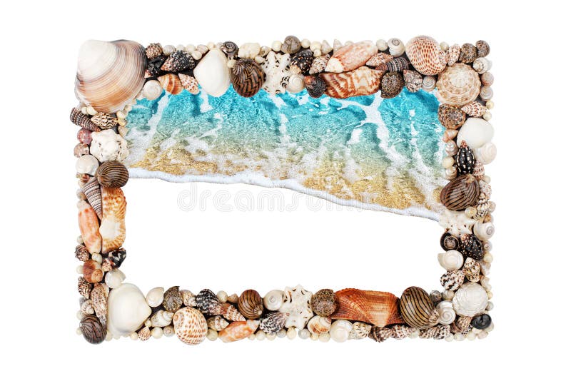 Sea shells frame white background isolated closeup seashells border, blue wave sand beach, turquoise water pattern, copy space royalty free stock photography