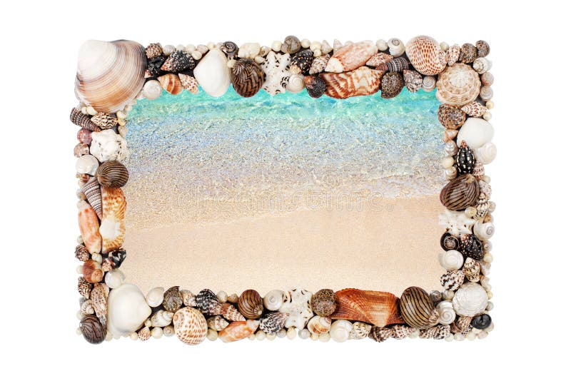 Sea shells frame white background isolated closeup seashells border, blue wave sand beach, summer holidays postcard, travel banner. Sea shells frame white
