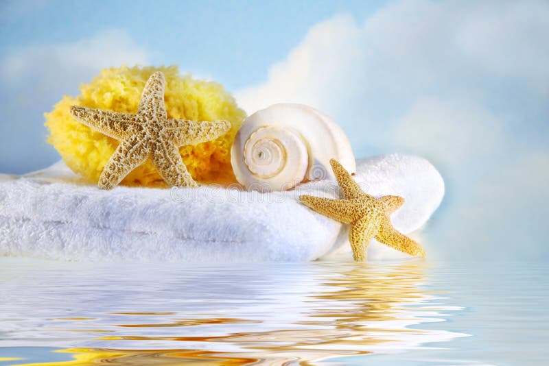 Morské mušle a uterák s vodou reflexie.