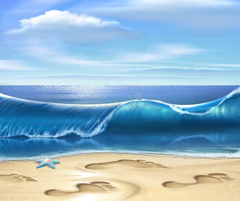 Digital illustration of sea shore and footprints on the sand