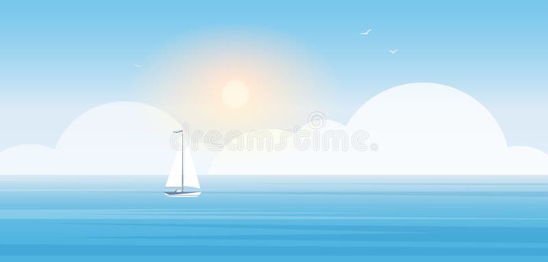 Sea Skyline, Landscape with Sailboat in Water, Cloud Silhouette, Light ...