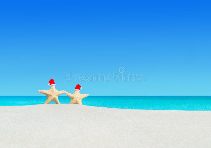 Sea stars couple in Santa hats at sandy tropical beach