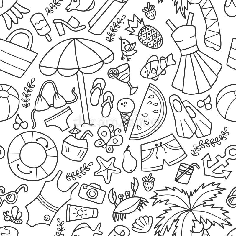 Sea and Summer. Seamless Pattern in Doodle and Cartoon Style. Outline ...