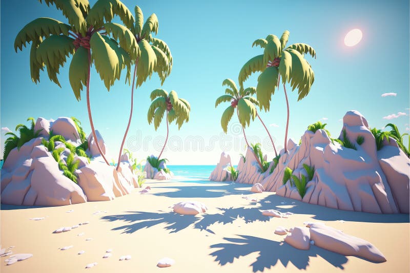 Sea summer sunlight background in cartoon design with white sand beach.