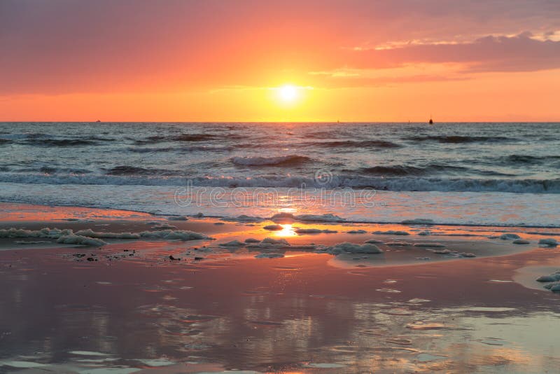 Sea sunset at the Dutch coast near Scheveningen