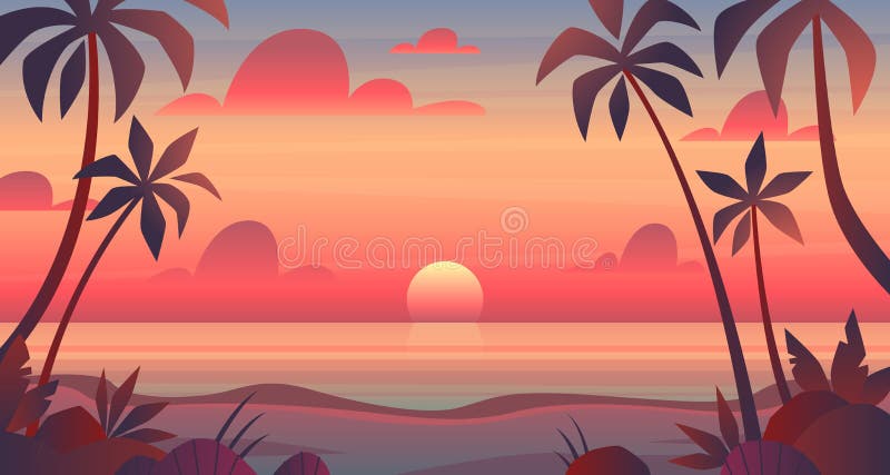 Sea sunset. Evening or morning view of sun above ocean. Panorama with clouds, water surface and palm trees, exotic