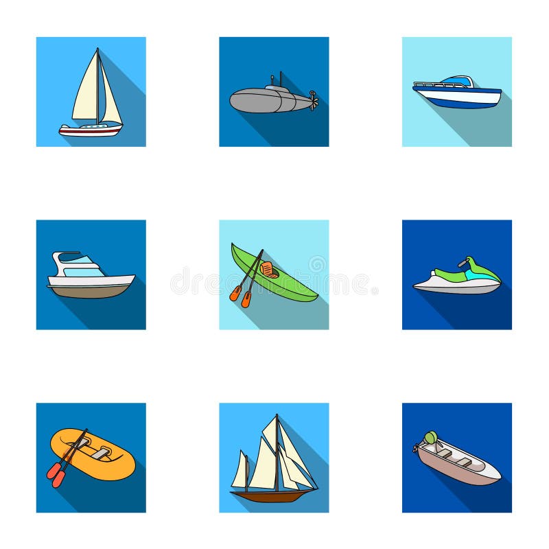 Sea transport, boats, ships. To transport people, thunderstorms. Ship and water transport icon in set collection on flat stock illustration Sea transport, boats, ships. To transport people, thunderstorms. Ship and water transport icon in set collection on flat stock illustration