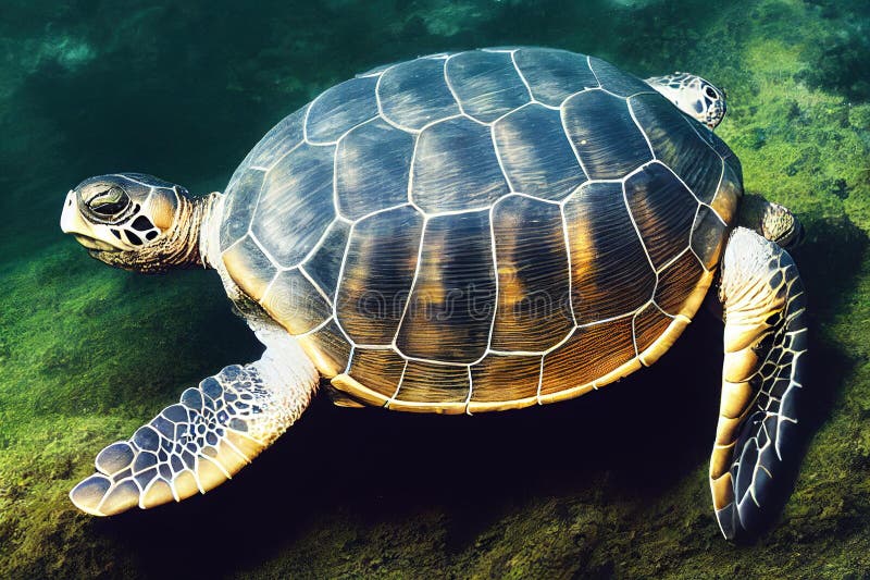 Sea Turtle in Aquarium Lying on Rocks. Stock Illustration