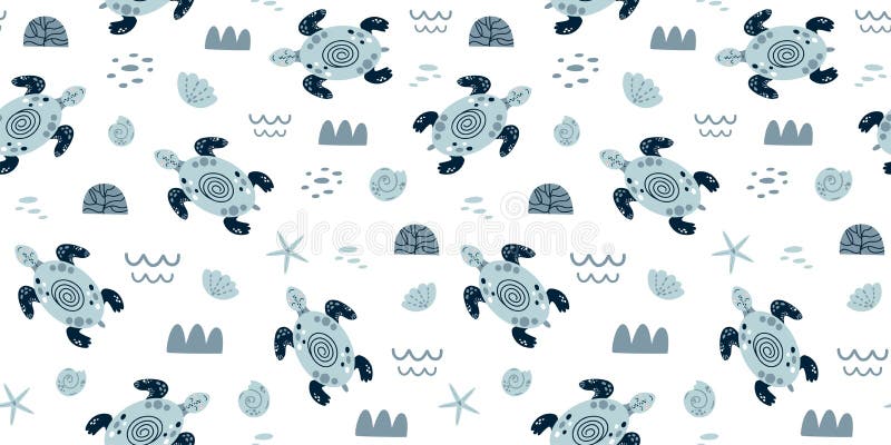 Sea turtle seamless pattern Cute swimming blue turtles. Boys nautical pattern wallpaper. Sea baby kids background, surface textures. Hand drawn ocean animals. Simple summer vacation illustration. Sea turtle seamless pattern Cute swimming blue turtles. Boys nautical pattern wallpaper. Sea baby kids background, surface textures. Hand drawn ocean animals. Simple summer vacation illustration